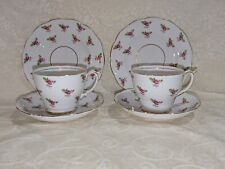 Set Of 2 Vintage Roslyn Bone China Teacups & Saucers, & Plates Pink Rosebuds