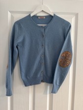 Marilyn Moore 100% Cashmere Cardigan – Blue – Elbow Patch Detail – Size 10