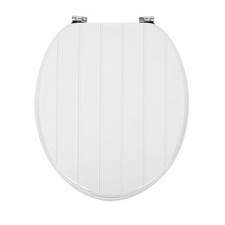  Wood Toilet Seat in White Tongue & Groove Effect- Zinc Alloy Hinges 