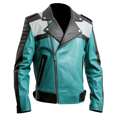 Men biker leather jacket - leather, teal