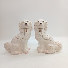 Pair Of Antique Staffordshire Pottery Spaniel Dogs - White & Gold