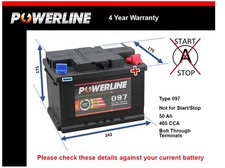 Battery fits FORD FIESTA 1.8 92 to 95 097 465A 50Ah 4Yr Warranty 242x175x175 New