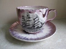 ANTIQUE SUNDERLAND LUSTRE  OVERSIZE CUP & SAUCER - THREE BROTHERS SAILING SHIP