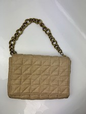 Zara Quilted Chain Strap Shoulder Bag - Beige Woven Texture Metal Strap