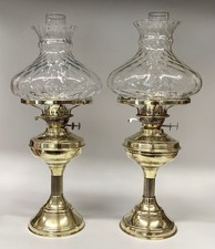 Antique/Vintage Brass Oil Lamps, VeryNear Pair. Clear Glass Quilted Shades.