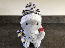 BNWT GREY ELEPHANT TEDDY WITH HAND KNITTED LEEDS UNITED FC COLOURS HAT & SCARF