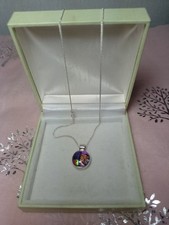Vtge Round Sterling Silver & Dichroic Glass Pendant Necklace on Chain, MAYAN ART