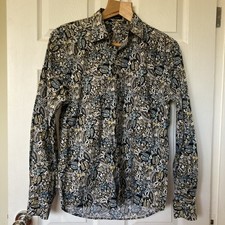 Men’s Small Paisley Cotton Shirt 15” Collar Long Sleeve Black Blue Cream Perfect