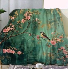 Luxury Double Throw Blanket Retro Bird Floral Design Super Soft Sofa Bed Throw