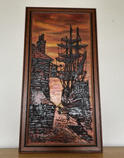 Vintage Large Drip Art Framed Ship Painting Nautical Van Gaard Studios Style 70s