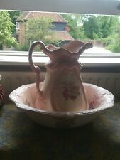 ORIGINAL VICTORIAN ANTIQUE PINK WASH BOWL & MATCHING JUG WITH FLORAL PATTERNING 