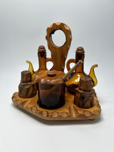 Vintage carved wood cruet set - wood,