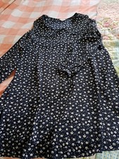 Tu 16 Pretty Navy Ditsy Peter Pan Collar Tunic Dress Lng Sleeves Retro 60's Mod