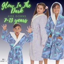 Glow in the Dark Kids Girls Boys Hooded Dressing Gown Soft Warm Snuggle Robe UK