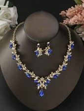 Asian Indian Necklace Earrings Jewellery Set In Blue Gold *UK*