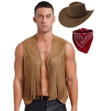 Mens Cowboy Costume Set Stage Performance Sun Hat Gothic Tassel Waistcoat Retro