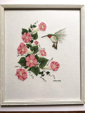 Vintage 1995 Flowers & Humming Bird Cross Stitch Finished Art Work - Framed