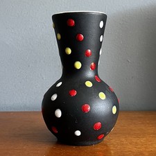 Vintage Mid Century Black Alla Moda Polka Dot Pottery Vase Retro