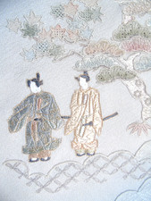 [AYANE] LAVISHLY Swatou Embroidered HEIAN PEOPLE - Japanese Silk  KIMONO Fabric