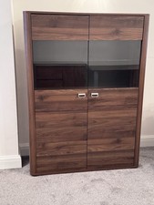 Modern Tall Walnut Brown Display Cabinet With Glass Doors