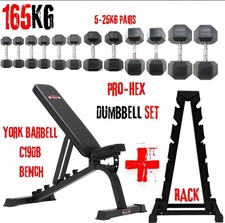 York Barbell 165KG Hex Dumbbell Rack & C19DB Flat Incline Dumbbell Bench Bundle