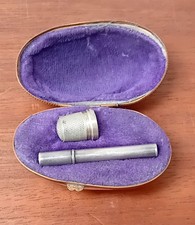 Antique miniature Silver thimble + needle case in  mother of pearl case