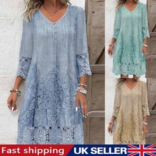 Women's Summer Button V-Neck Loose Holiday Beach 3/4 Sleeve Lace Dress Plus Size