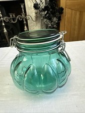 Vintage Emerald Green Glass Apothecary Pumpkin/Onion Jar with Clamp Lid