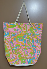 Vintage 70s Beach Tote Bag Psychedelic Flowers Hippie Vinyl Lined Floral Retro
