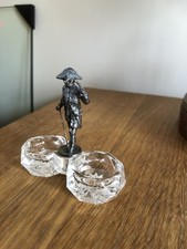 Antique Glass Double Salt Cellar & Metal Figure In Hat Holding Cane &Spectacles 