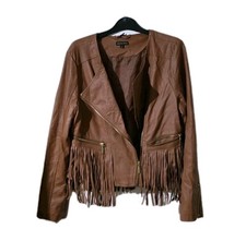 Brave Soul Brown Faux Leather Fringe Jacket Size L 14 UK 42  Western Biker