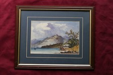 Watercolour painting Lakeside by H.S. Whalton cottage by lake and mountains