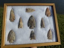 Cased Frame Of 9 Native American Arrowheads Points 