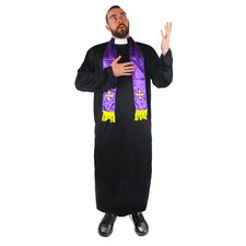 MEN'S PRIEST COSTUME VICAR RELIGIOUS FANCY DRESS ROBE AND SCARF STAG DO S M L XL