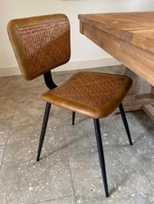 Dining Chair Brown Leather & Rattan - Industrial Black Iron Frame