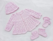 Hand knitted pink baby matinee jacket, hat, booties & mittens. Newborn