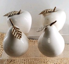 Vintage Set Of 4 White Ceramic Pears & Apples w/Metal Leaf