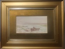 Vintage Watercolour Seascape Rowing Boat Fishing in Gold Frame Size 45x35cm 
