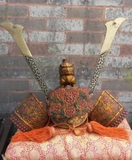 Vintage Japanese Kabuto Samurai Bronze Display Helmet With Kabuto Cushion