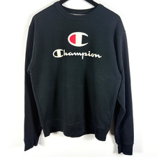 CHAMPION Sweatshirt Mens Medium Black Crew Neck Graphic Print Pullover Jumper GC