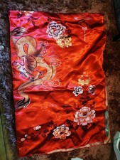 RED SATIN CHINESE FABRIC WITH BIRDS, GOLD DRAGONS, FLOWERS EMBROIDEREY  74"X 51"