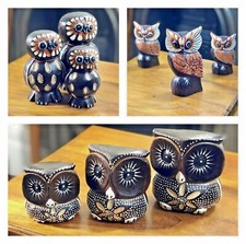 Wooden Owl Statue Set Carved