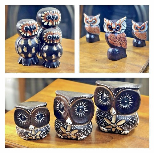 Wooden owl statue set carved - wooden,