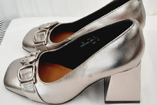Marks&Spencer Silver Leather Court Shoes.Dolly.Chunky heel..60's.Buckle.3.Wide.