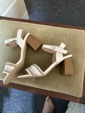 TU Sandals New Ladies Size 4 White with Silver/Tan accents  3 Inch Block Heel