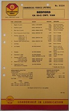 Petroliana; Original Bedford CA 10 - 12 Cwt Van Shell Lubrication Chart No X1224