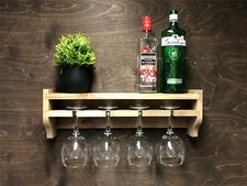 Gin Shelf Wine Rack 4 Glass Holder Wall Mounted Home Bar Rustic Wooden (GS)EM