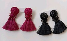 Retro Pair Of Chunky Button Tassel Pierced Dangle Earrings-Black & Maroon-L 9cm 
