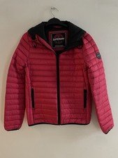 Superdry UK 14 Super Core Down Puffer Jacket Cherry & Black Hooded Zip Closure