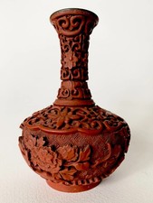 Vintage Chinese Floral Carved Cinnabar Lacquer Vase 5 Inches Tall